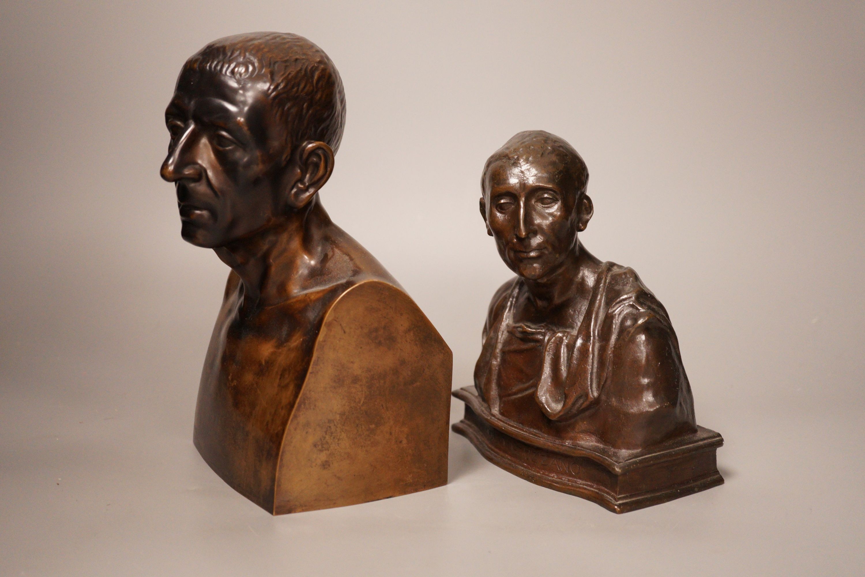 After Ferdinand Barbedienne, a bronze bust of a gent and another unsigned bronze bust of Niccolò da Uzzano, tallest 22cm